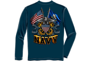 DOUBLE FLAG EAGLE NAVY SHIELD Long Sleeve T-Shirt